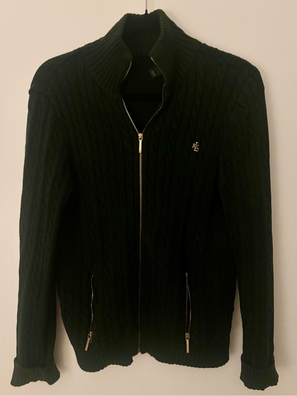 Ralph Lauren Black Cable-Knit Full-Zip Sweater with Gold Zippers